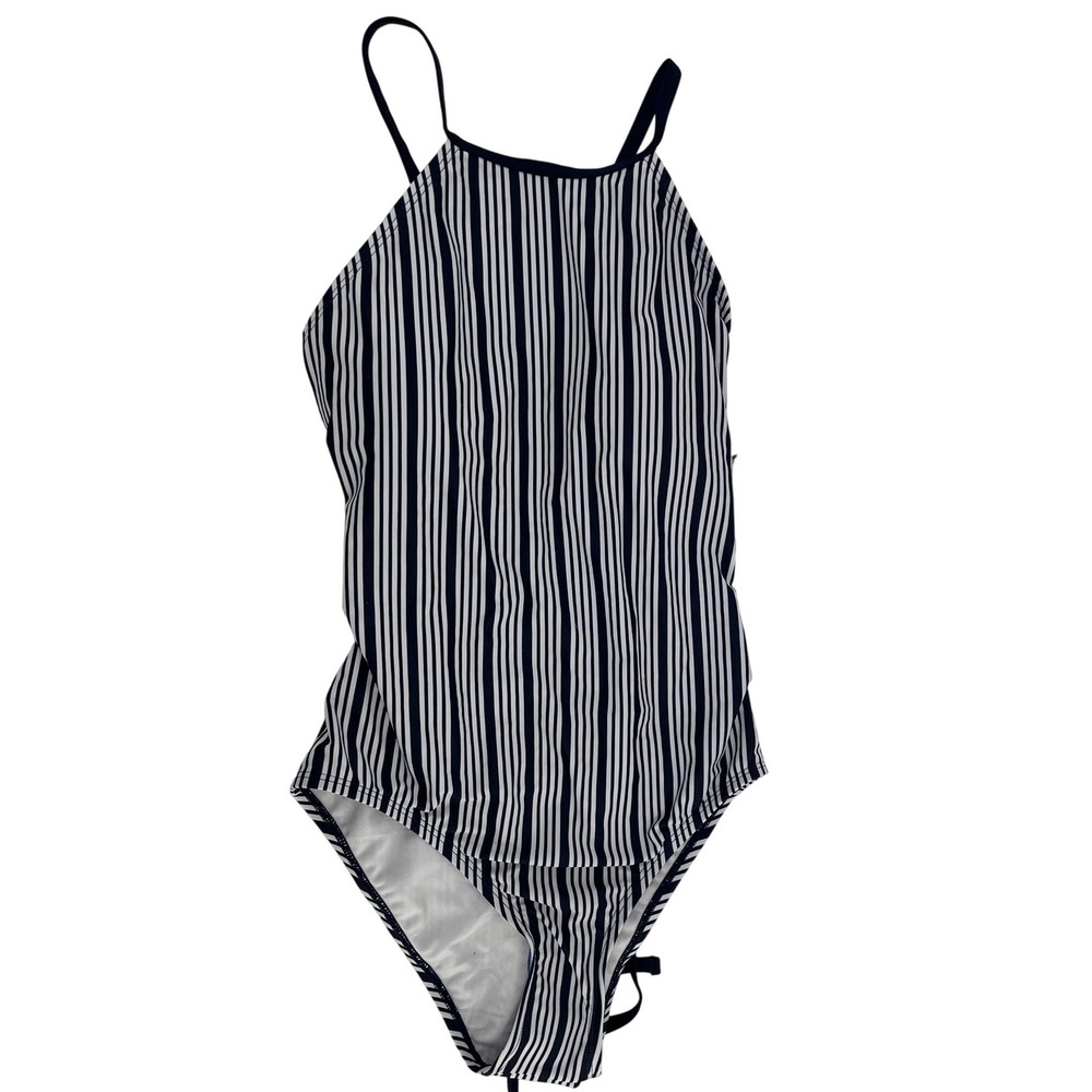 Nautica Slimming‎ Navy White Striped High Neck Lace Up One Piece Swimsuit Large